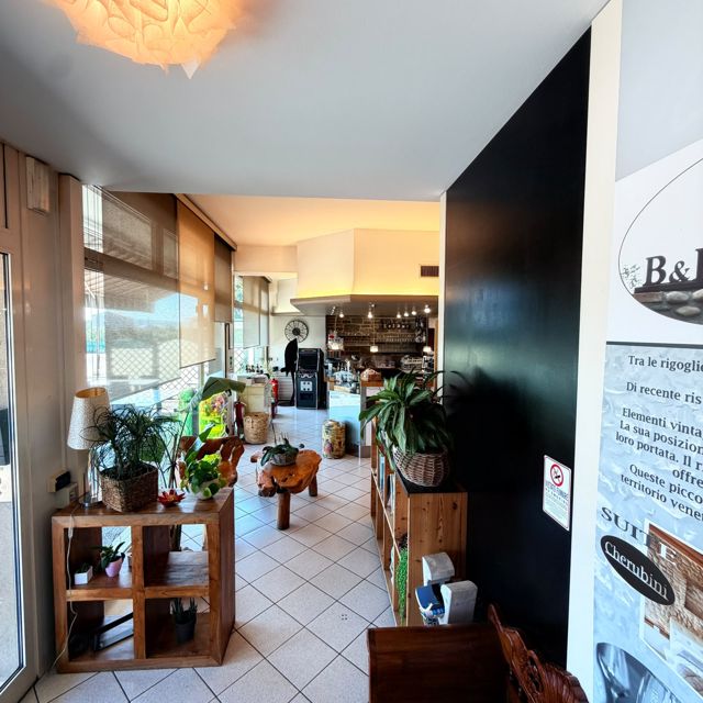 Ingresso del locale con bancone in legno e piante